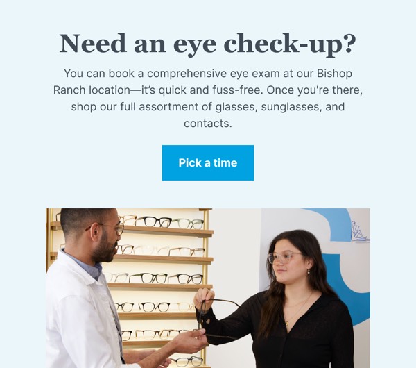 Book Your Eye Exam - Warby Parker email component (single column layout)