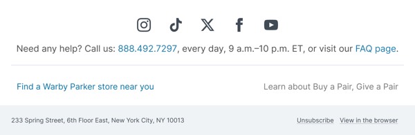 Email Support and Location - Warby Parker email component (footer layout)