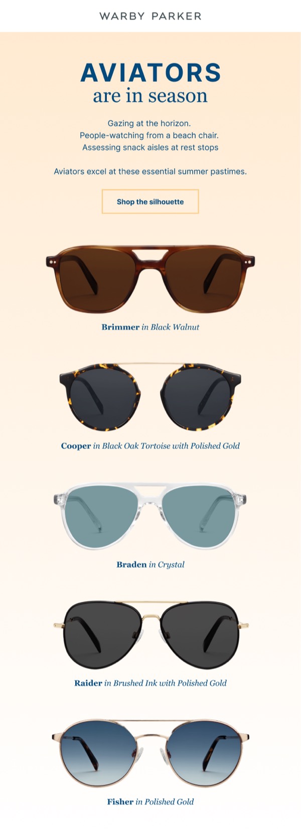 Summer Aviators Collection - Warby Parker email component (single column layout)