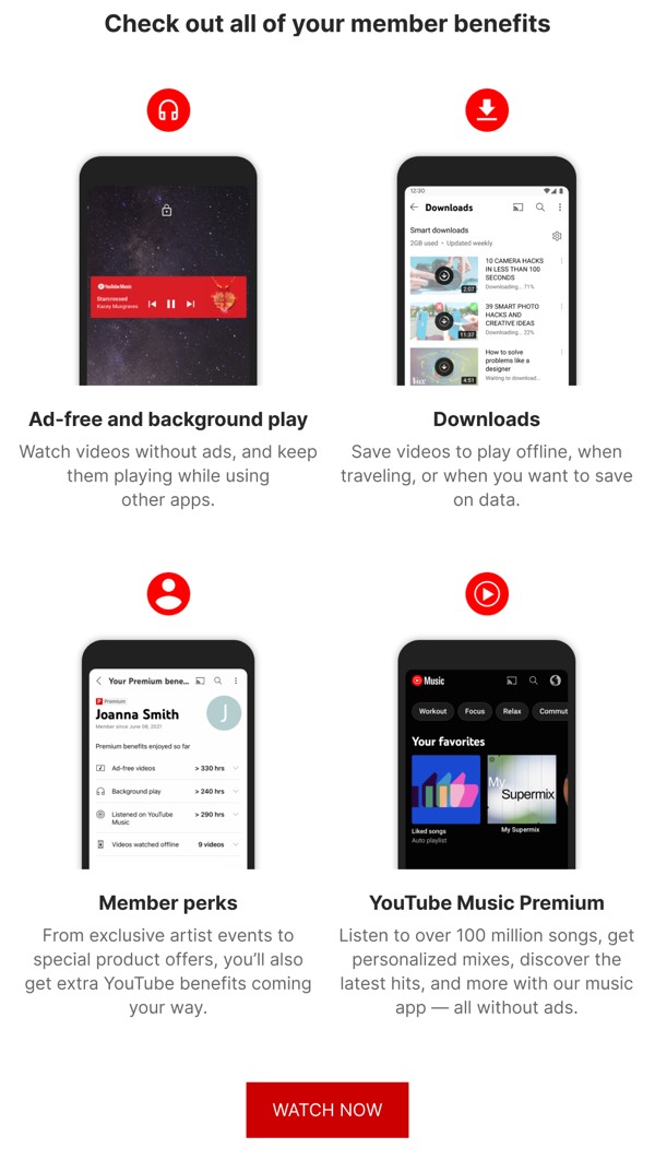 Member Benefits Overview - YouTube email component (grid layout)