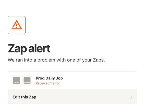 Zap Alert - Zapier email component (single column layout)