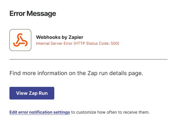 Error Notification Email - Zapier email component (single column layout)